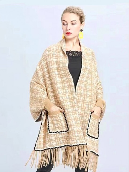 Cashmere Feeling Designer Inspired Sleeved Cape with Pockets